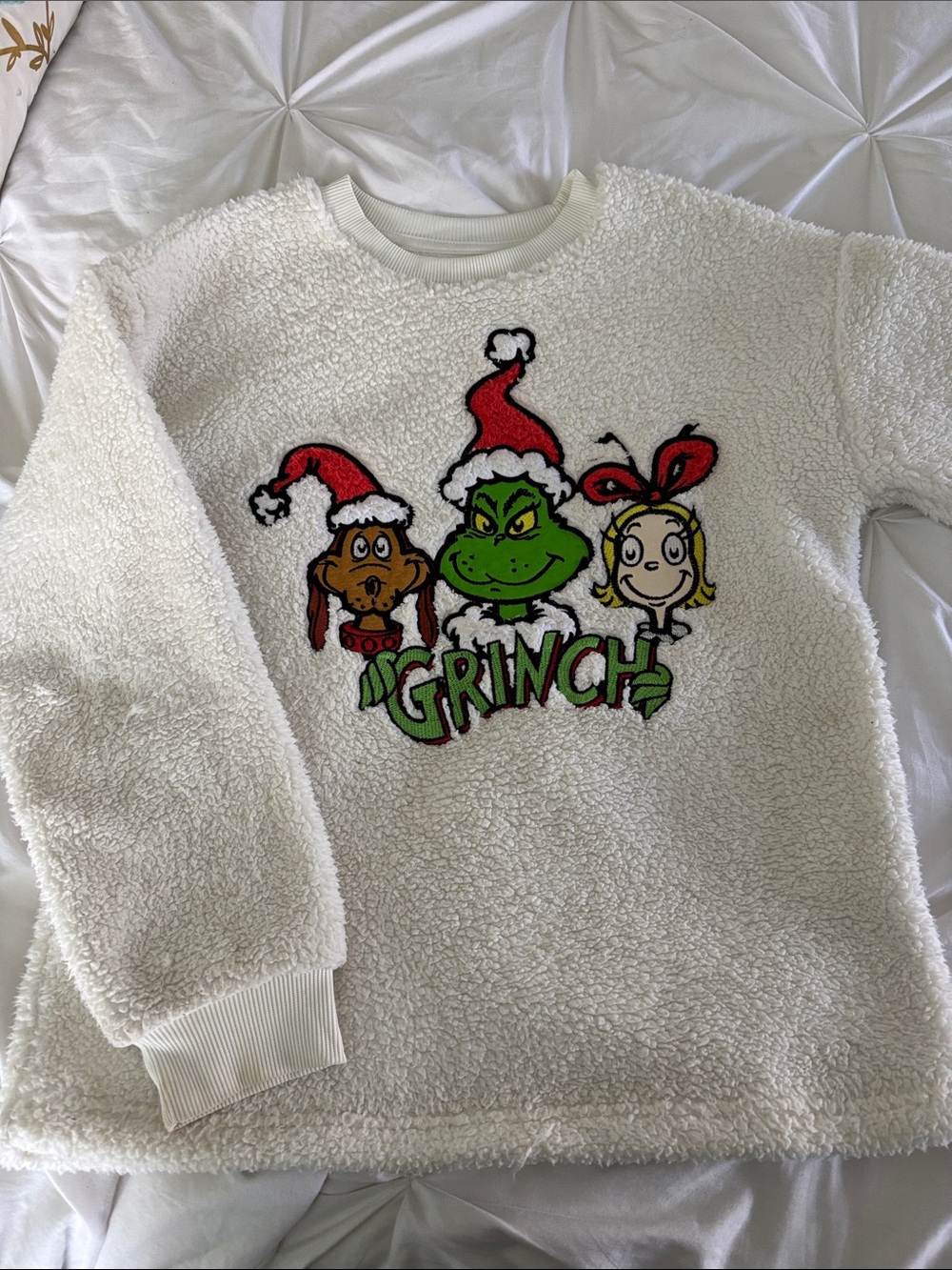 White Sherpa Grinch Holiday Pullover Sweatshirt